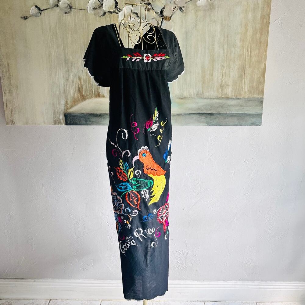 Costa Rica Embroidered Maxi Dress Black Folk Art Bird Floral Boho Vintage Style